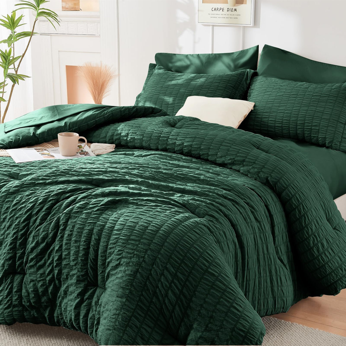 HYMOKEGE Comforter Set Seersucker 7 Pieces, All Season Luxury Bed in a Bag for Bedroom, Bedding Set with Comforters, Sheets, Pillowcases & Shams