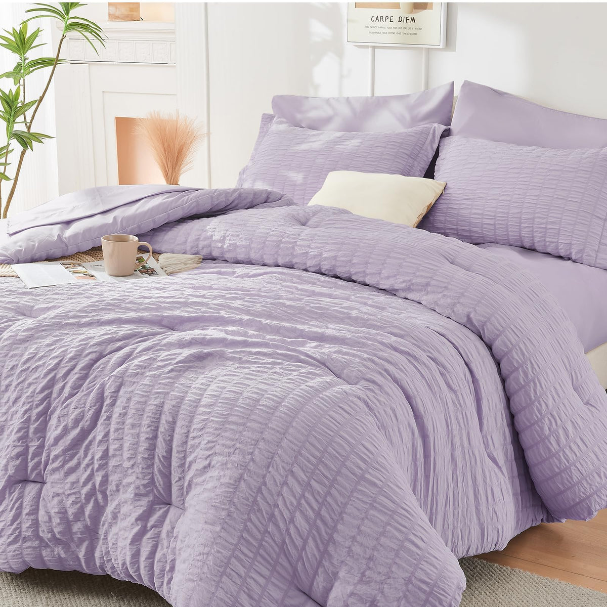 HYMOKEGE Comforter Set Seersucker 7 Pieces, All Season Luxury Bed in a Bag for Bedroom, Bedding Set with Comforters, Sheets, Pillowcases & Shams