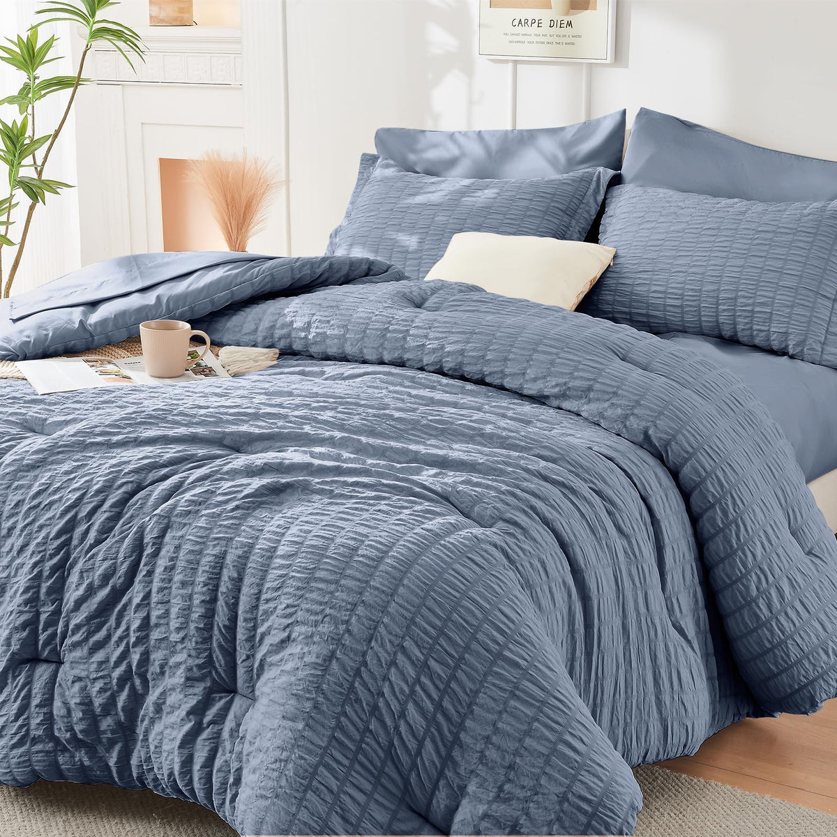 HYMOKEGE Comforter Set Seersucker 7 Pieces, All Season Luxury Bed in a Bag for Bedroom, Bedding Set with Comforters, Sheets, Pillowcases & Shams
