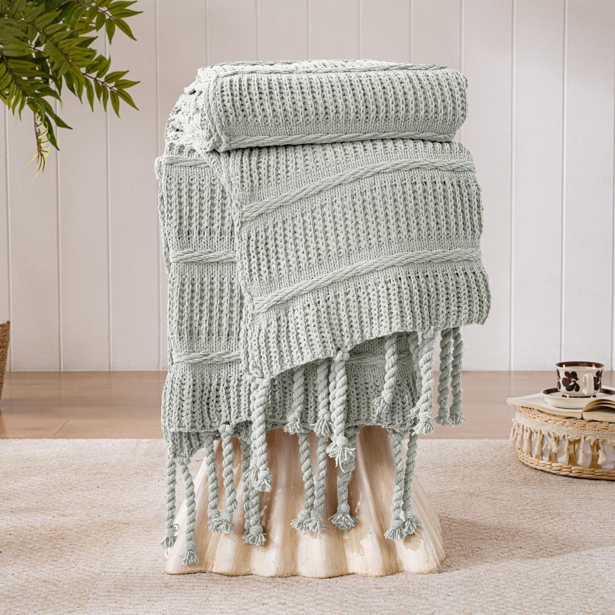 Boho Chenille Knit Throw Blanket with Tassels
