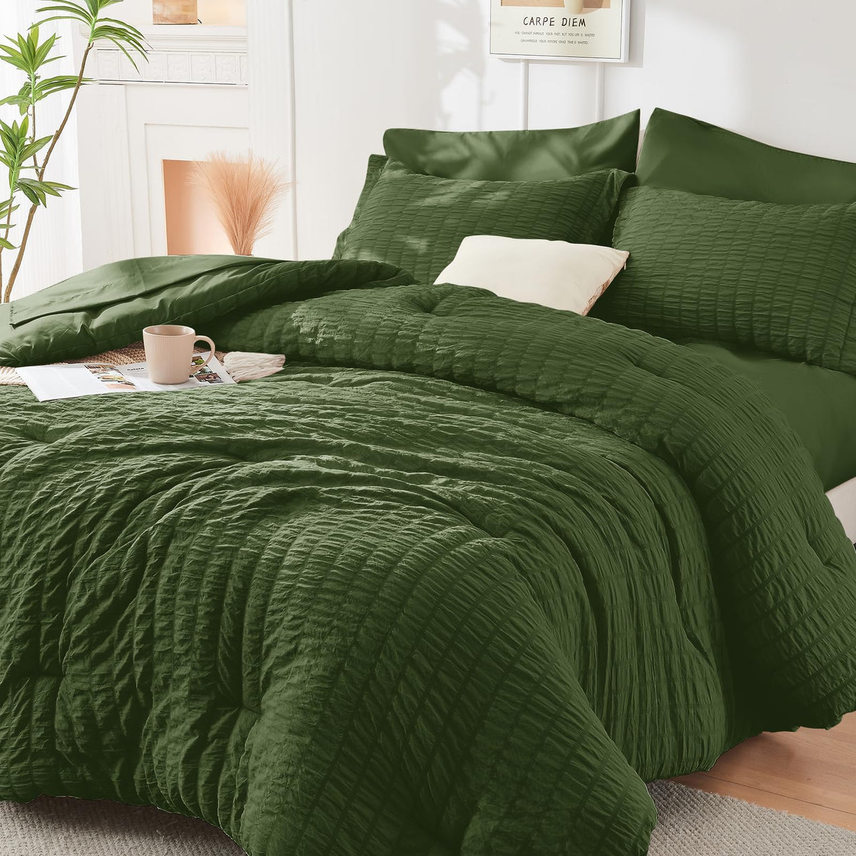 HYMOKEGE Comforter Set Seersucker 7 Pieces, All Season Luxury Bed in a Bag for Bedroom, Bedding Set with Comforters, Sheets, Pillowcases & Shams