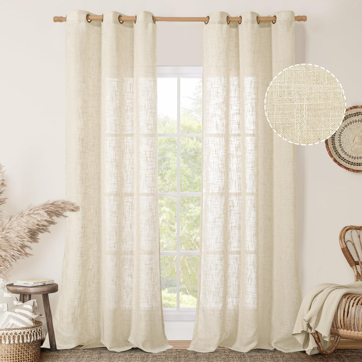 LAMIT Natural Faux Linen Curtains for Bedroom, Bronze Grommet Light Filtering Burlap Drapes, Set of 2 Panels