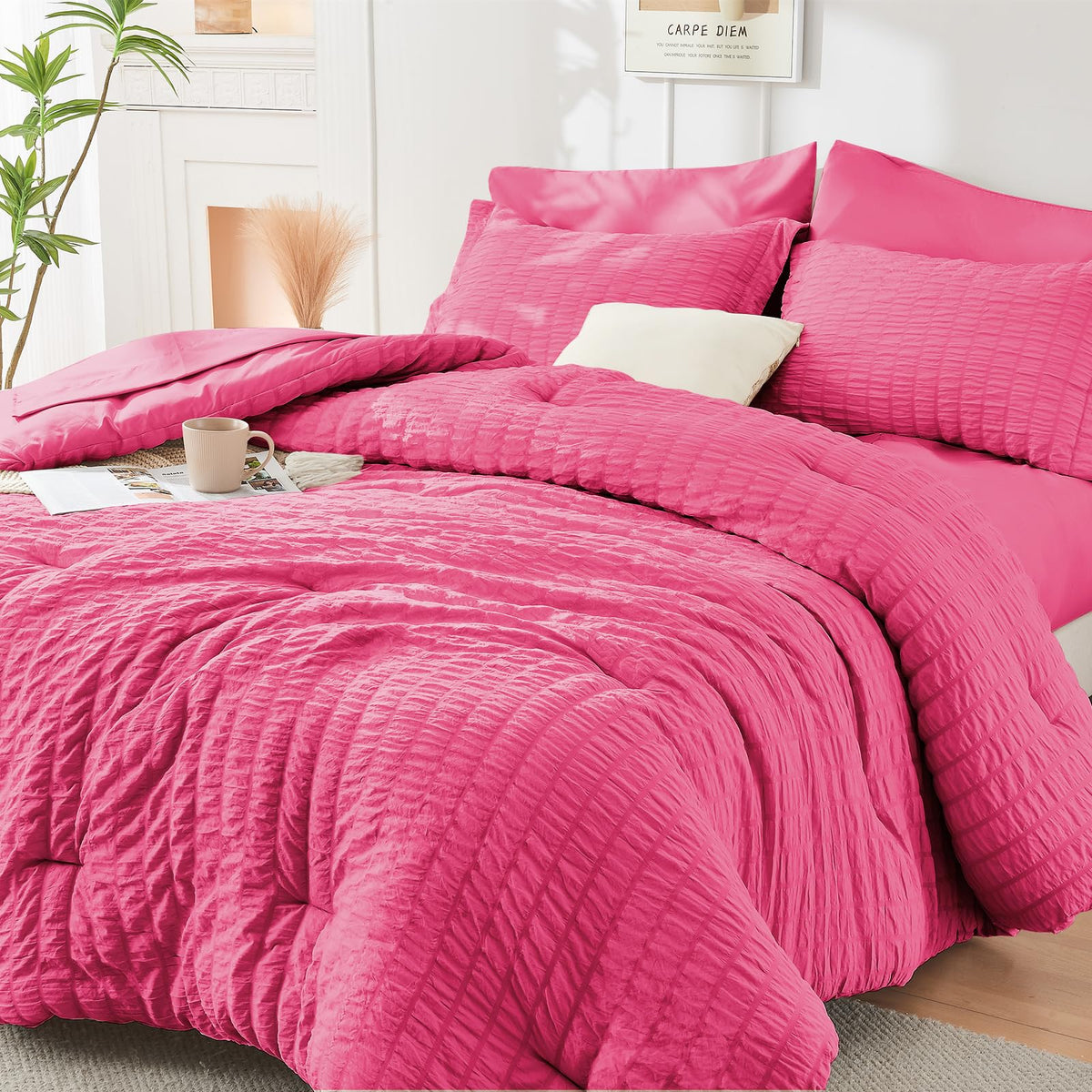 HYMOKEGE Comforter Set Seersucker 7 Pieces, All Season Luxury Bed in a Bag for Bedroom, Bedding Set with Comforters, Sheets, Pillowcases & Shams