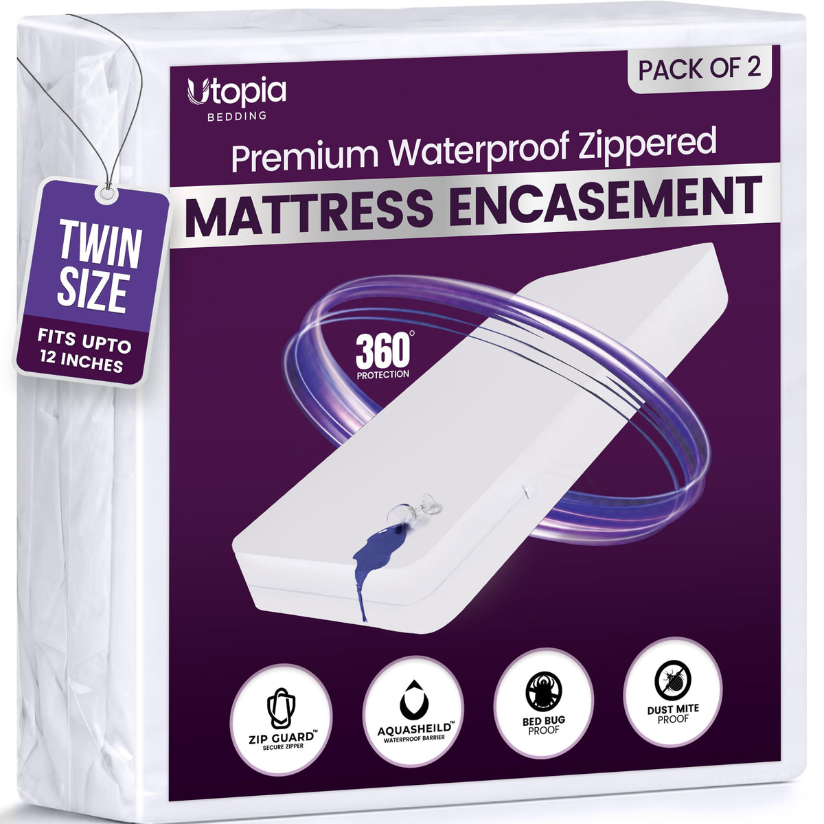 Utopia Bedding Premium Waterproof Bed Bug Mattress Cover, Zippered Mattress Protector, Dust Mite Proof 6-Sided Mattress Encasement for Bed