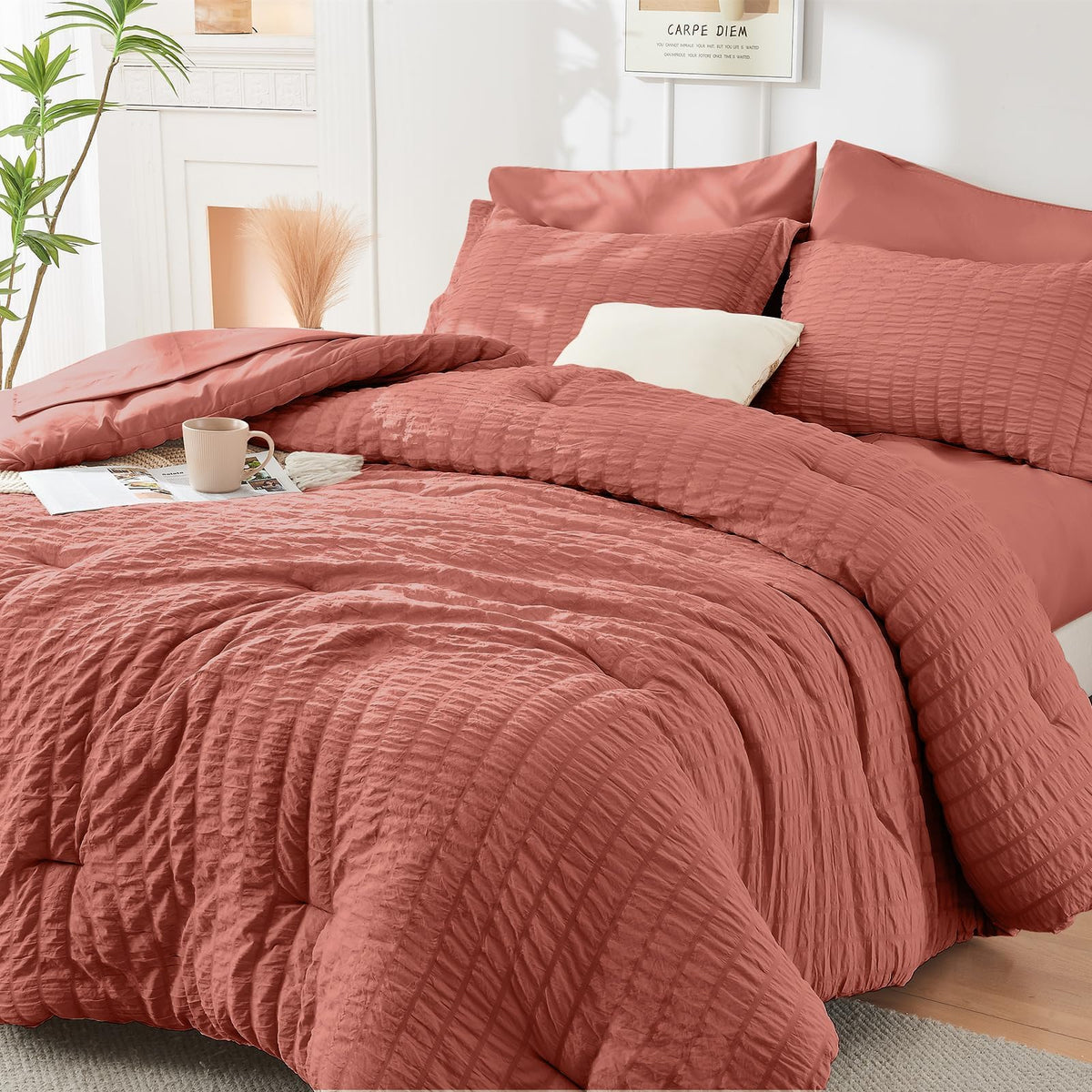HYMOKEGE Comforter Set Seersucker 7 Pieces, All Season Luxury Bed in a Bag for Bedroom, Bedding Set with Comforters, Sheets, Pillowcases & Shams