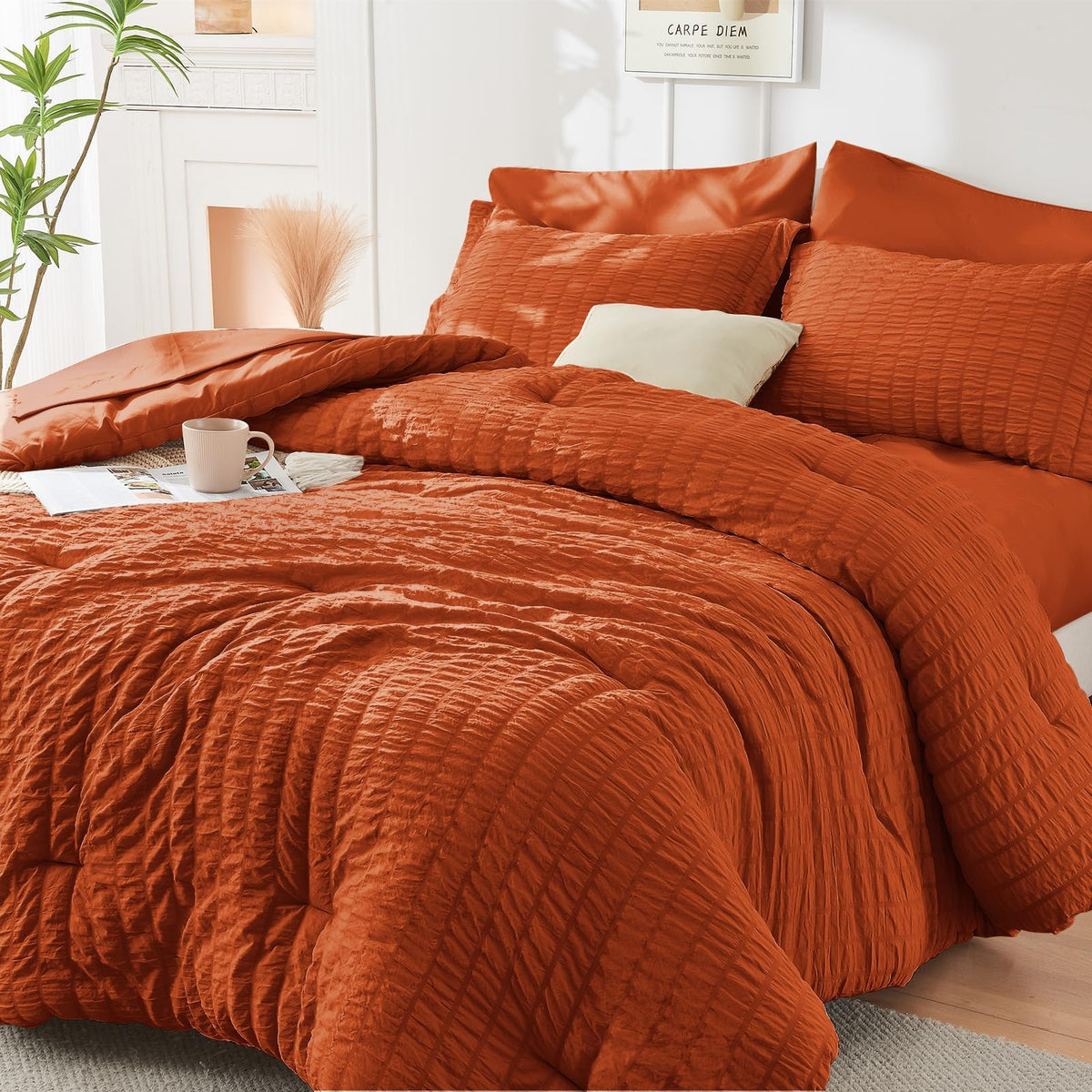 HYMOKEGE Comforter Set Seersucker 7 Pieces, All Season Luxury Bed in a Bag for Bedroom, Bedding Set with Comforters, Sheets, Pillowcases & Shams