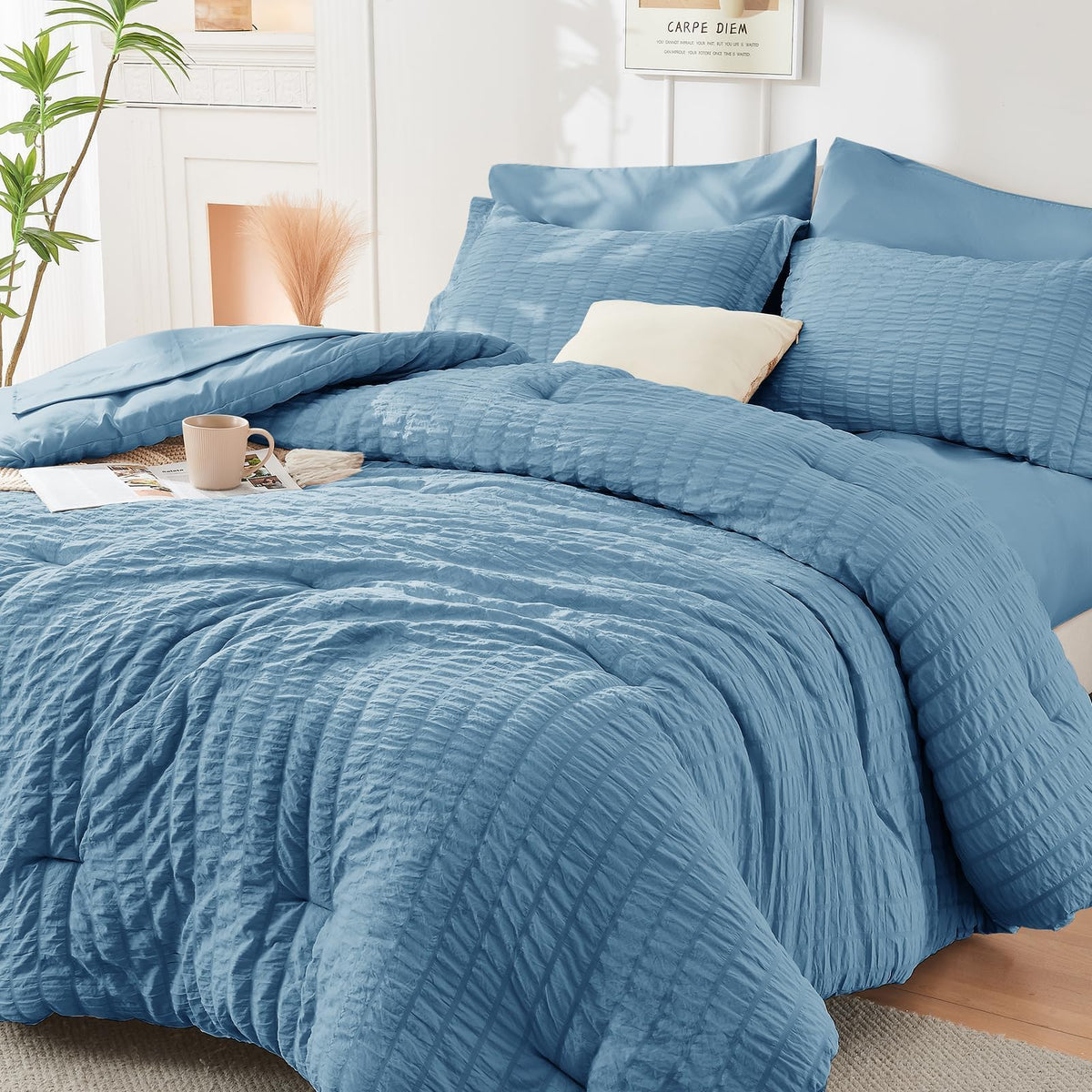 HYMOKEGE Comforter Set Seersucker 7 Pieces, All Season Luxury Bed in a Bag for Bedroom, Bedding Set with Comforters, Sheets, Pillowcases & Shams