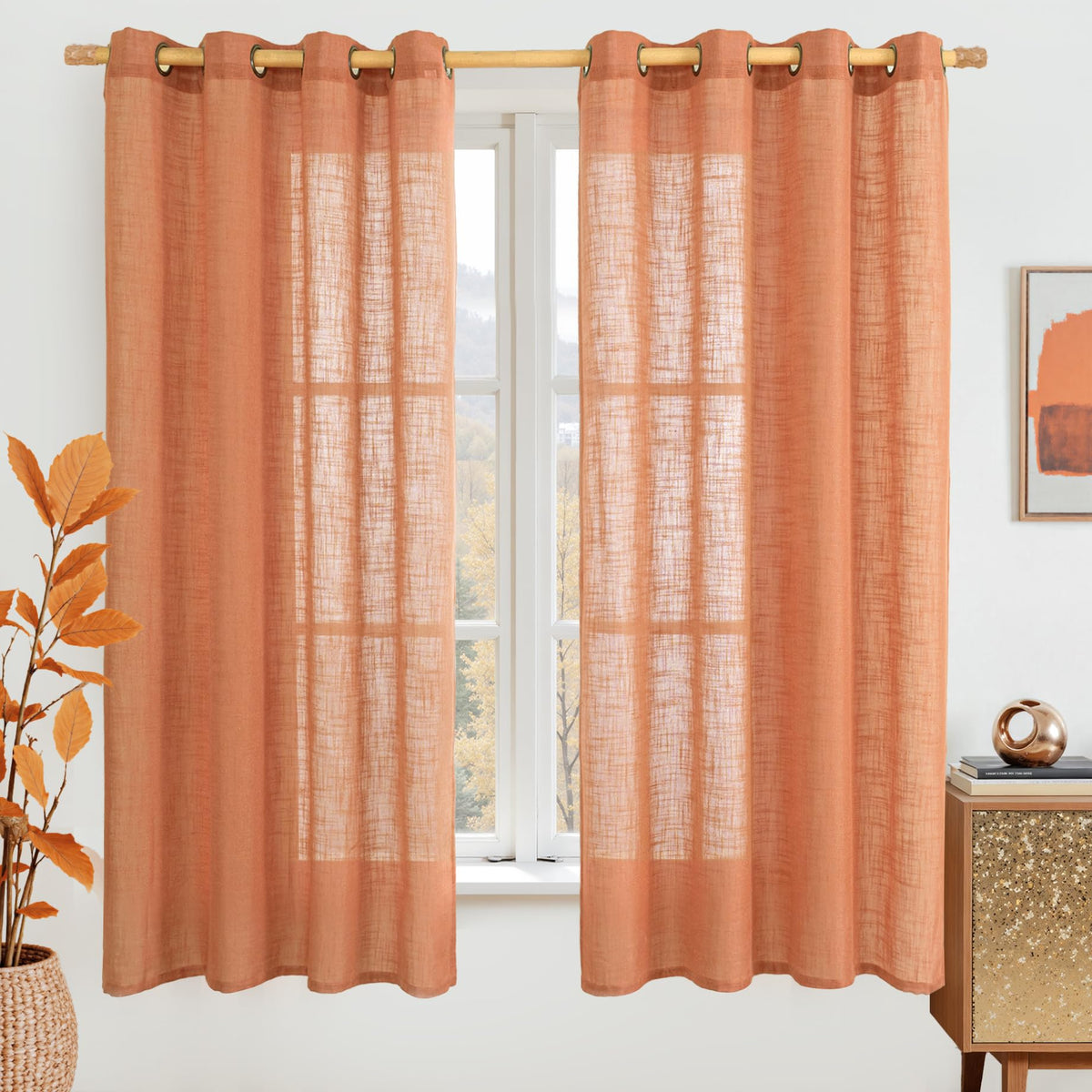 LAMIT Natural Faux Linen Curtains for Bedroom, Bronze Grommet Light Filtering Burlap Drapes, Set of 2 Panels