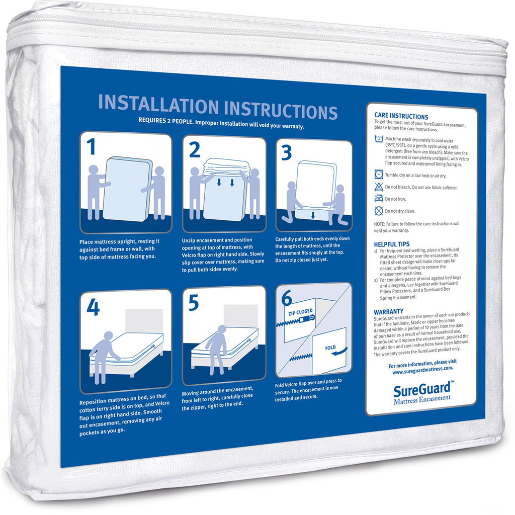 SureGuard Mattress Encasement - 100% Waterproof, Bed Bug Proof, Hypoallergenic - Premium Zippered Six-Sided Cover