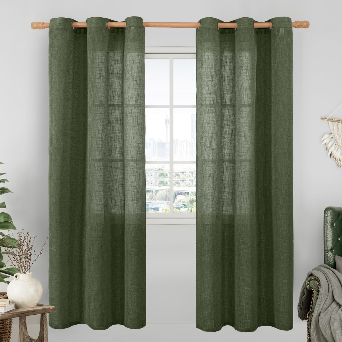 LAMIT Natural Faux Linen Curtains for Bedroom, Bronze Grommet Light Filtering Burlap Drapes, Set of 2 Panels