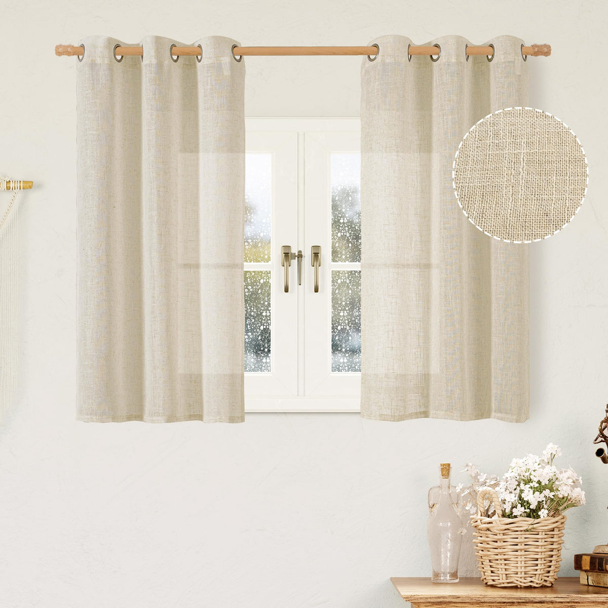 LAMIT Natural Faux Linen Curtains for Bedroom, Bronze Grommet Light Filtering Burlap Drapes, Set of 2 Panels