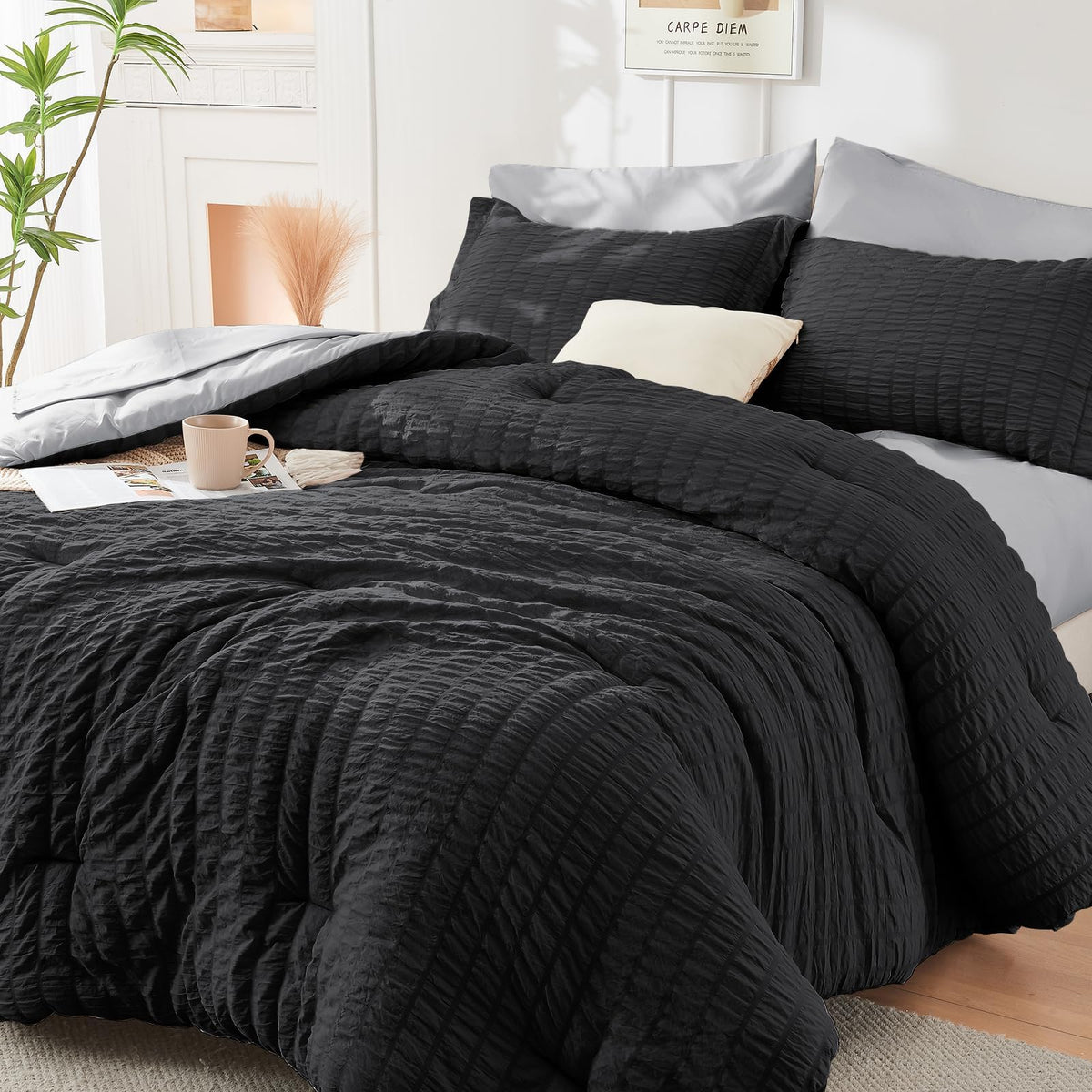 HYMOKEGE Comforter Set Seersucker 7 Pieces, All Season Luxury Bed in a Bag for Bedroom, Bedding Set with Comforters, Sheets, Pillowcases & Shams