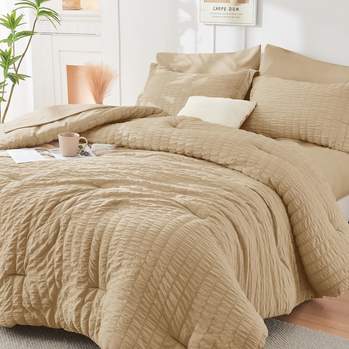 HYMOKEGE Comforter Set Seersucker 7 Pieces, All Season Luxury Bed in a Bag for Bedroom, Bedding Set with Comforters, Sheets, Pillowcases & Shams