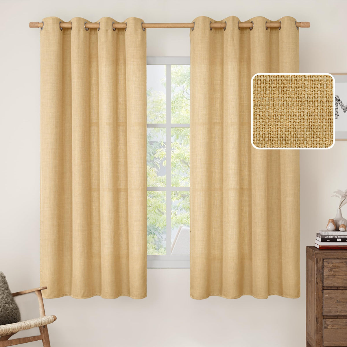 LAMIT Natural Faux Linen Curtains for Bedroom, Bronze Grommet Light Filtering Burlap Drapes, Set of 2 Panels