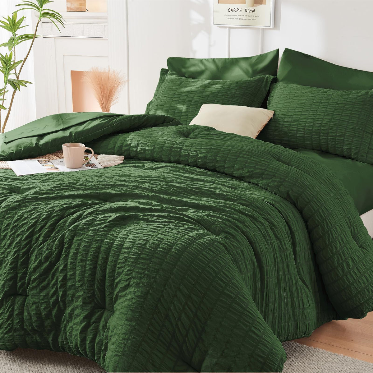 HYMOKEGE Comforter Set Seersucker 7 Pieces, All Season Luxury Bed in a Bag for Bedroom, Bedding Set with Comforters, Sheets, Pillowcases & Shams