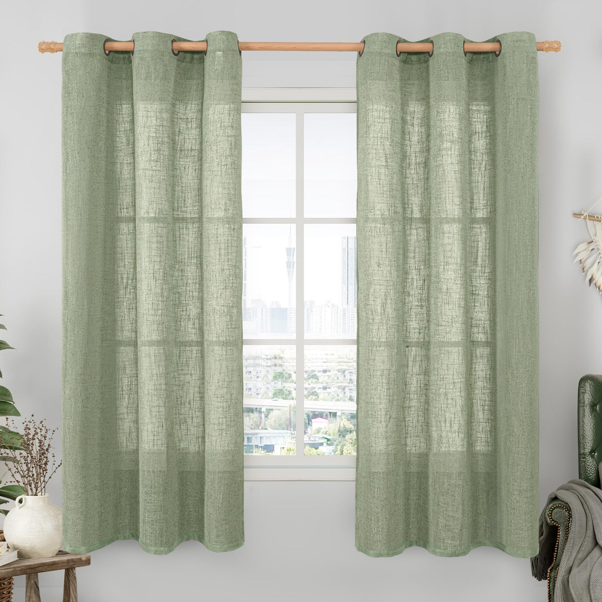 LAMIT Natural Faux Linen Curtains for Bedroom, Bronze Grommet Light Filtering Burlap Drapes, Set of 2 Panels