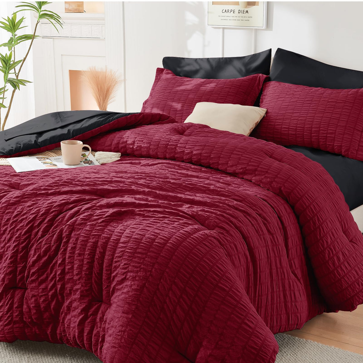 HYMOKEGE Comforter Set Seersucker 7 Pieces, All Season Luxury Bed in a Bag for Bedroom, Bedding Set with Comforters, Sheets, Pillowcases & Shams