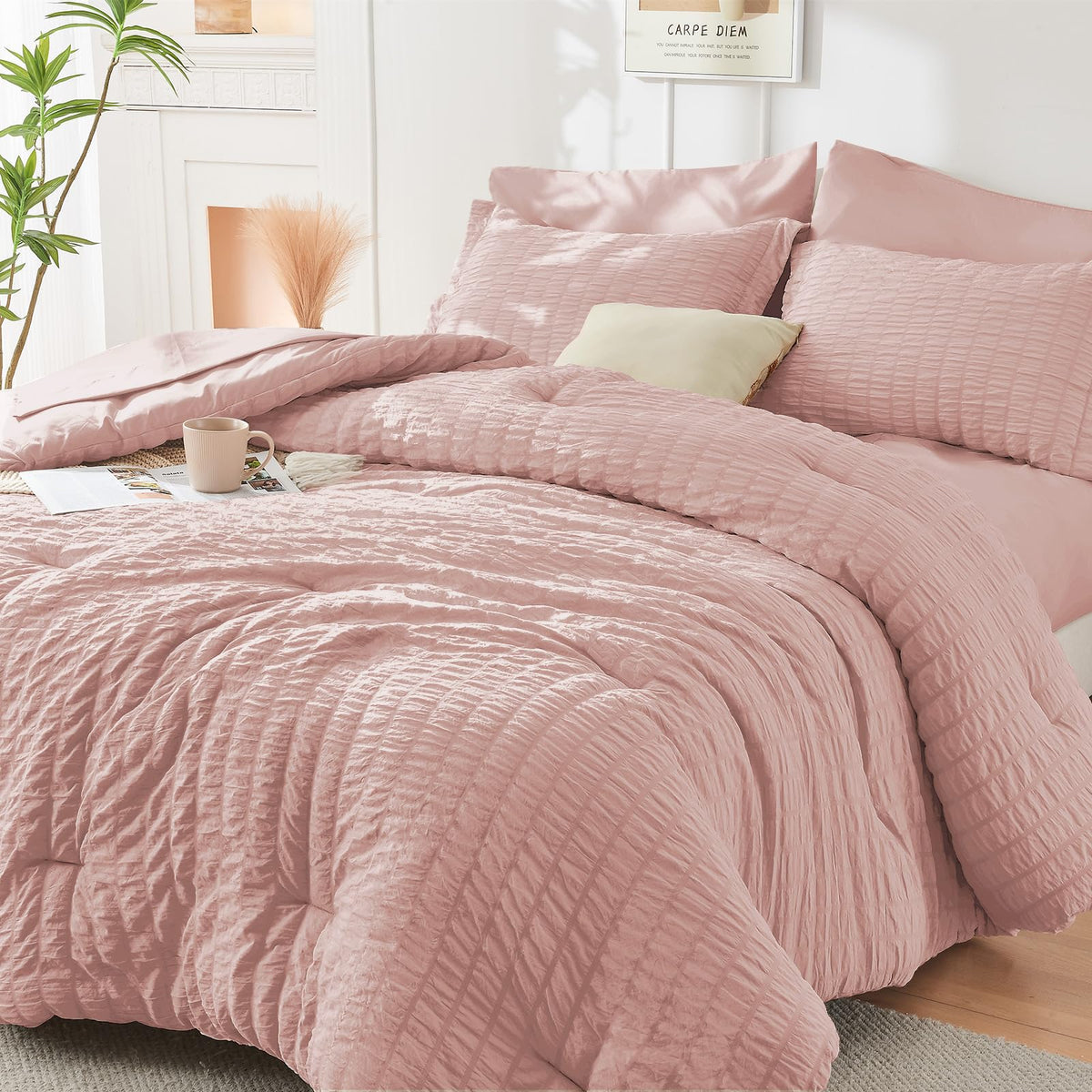 HYMOKEGE Comforter Set Seersucker 7 Pieces, All Season Luxury Bed in a Bag for Bedroom, Bedding Set with Comforters, Sheets, Pillowcases & Shams