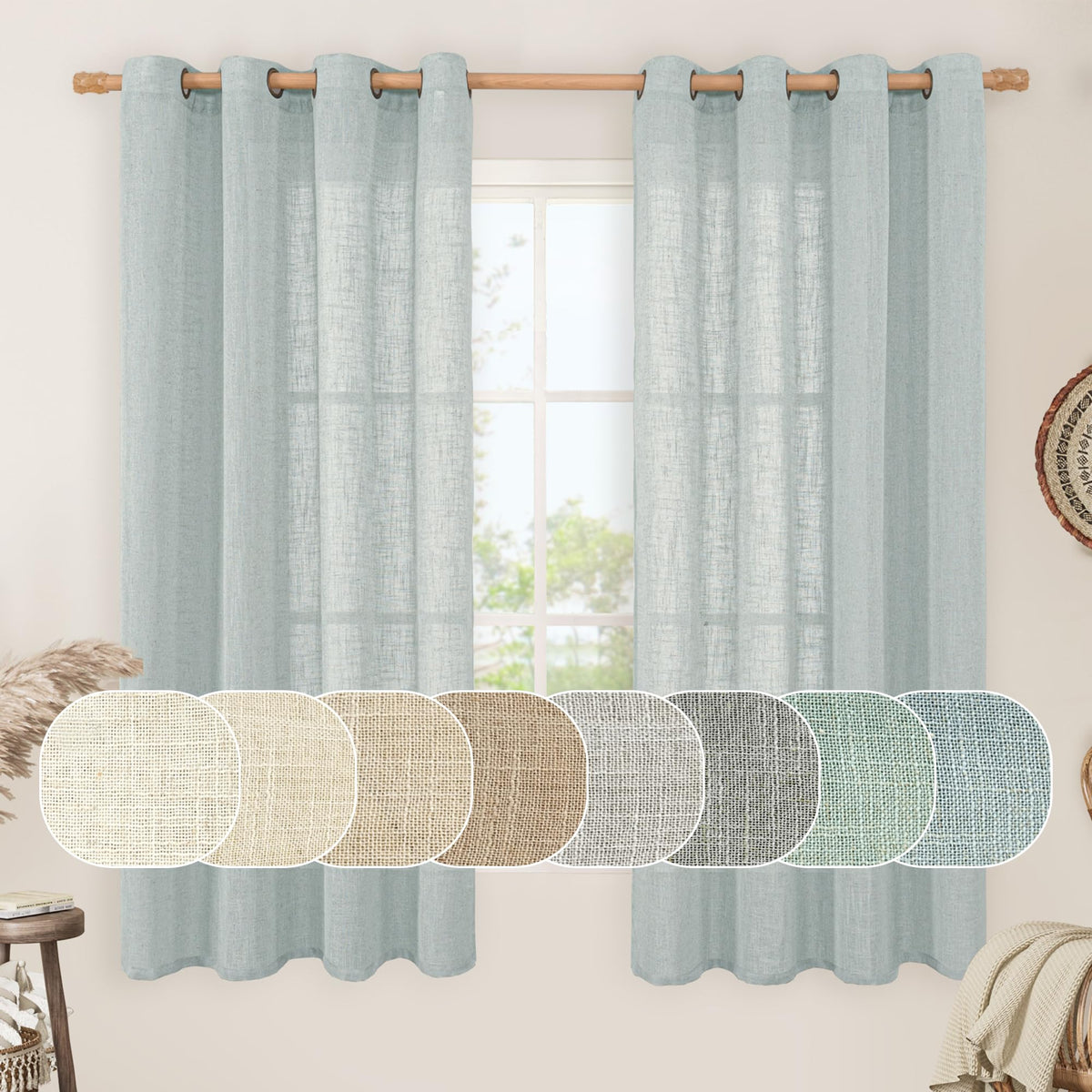LAMIT Natural Faux Linen Curtains for Bedroom, Bronze Grommet Light Filtering Burlap Drapes, Set of 2 Panels