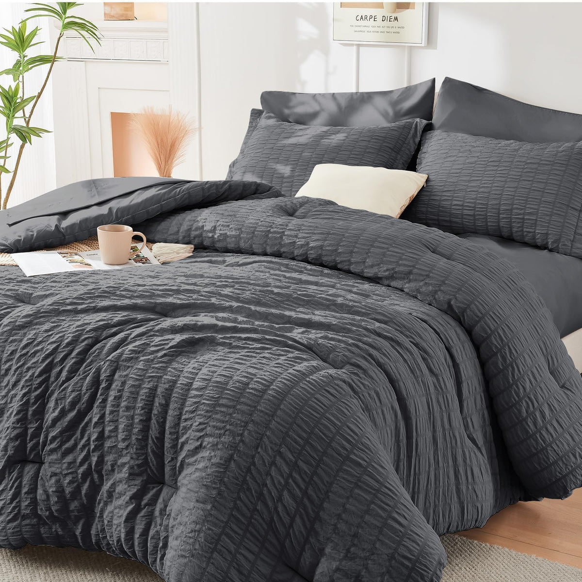 HYMOKEGE Comforter Set Seersucker 7 Pieces, All Season Luxury Bed in a Bag for Bedroom, Bedding Set with Comforters, Sheets, Pillowcases & Shams