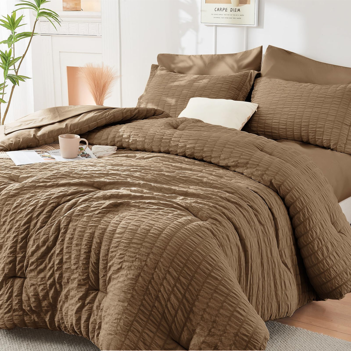 HYMOKEGE Comforter Set Seersucker 7 Pieces, All Season Luxury Bed in a Bag for Bedroom, Bedding Set with Comforters, Sheets, Pillowcases & Shams