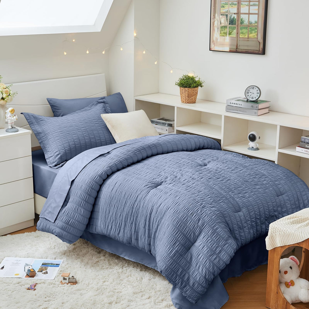 HYMOKEGE Comforter Set Seersucker 7 Pieces, All Season Luxury Bed in a Bag for Bedroom, Bedding Set with Comforters, Sheets, Pillowcases & Shams