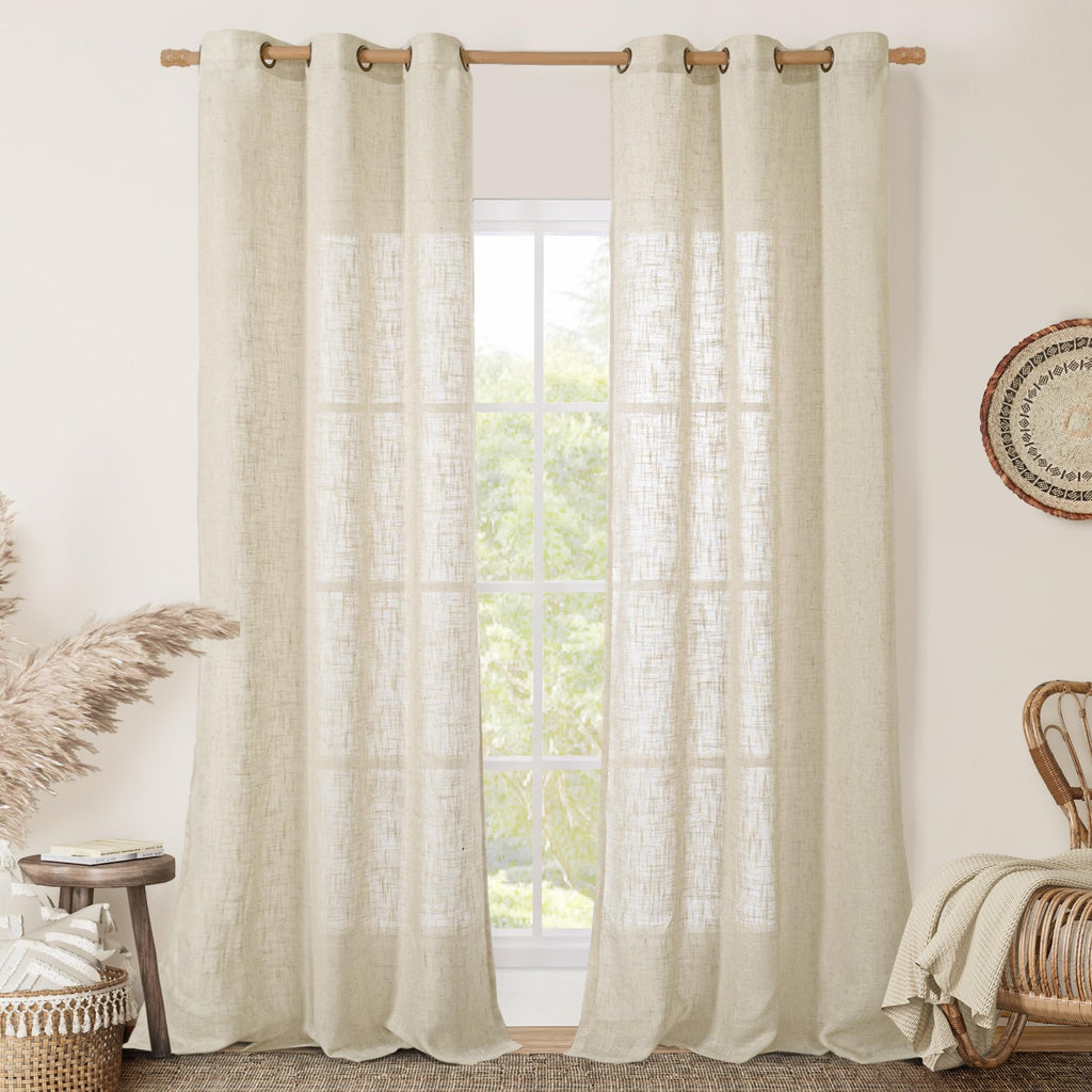 LAMIT Natural Faux Linen Curtains for Bedroom, Bronze Grommet Light Filtering Burlap Drapes, Set of 2 Panels