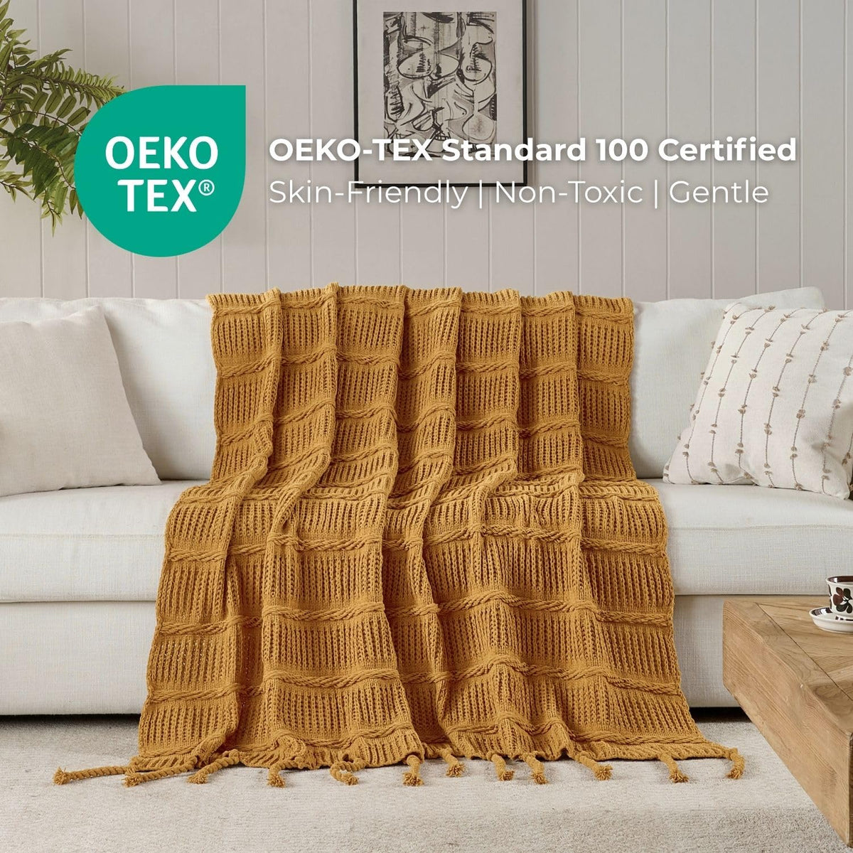 Boho Knitted Chenille Blanket with Tassels - Lightweight & Soft All-Season Throw - 3D Classic Pattern for Living Room Bedroom Couch