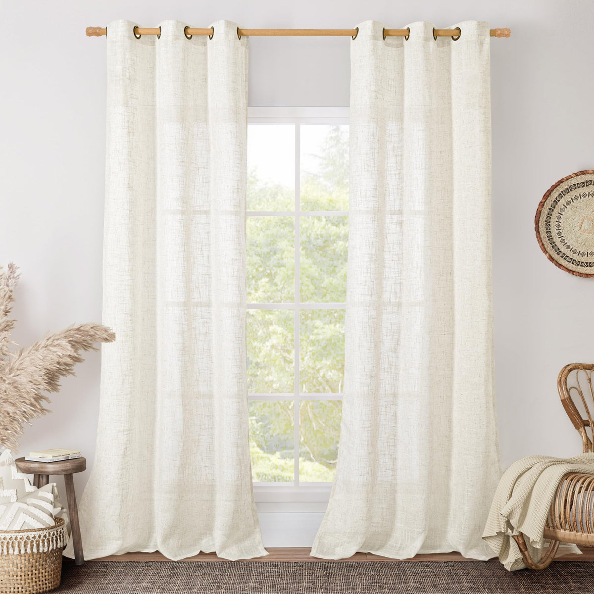 LAMIT Natural Faux Linen Curtains for Bedroom, Bronze Grommet Light Filtering Burlap Drapes, Set of 2 Panels