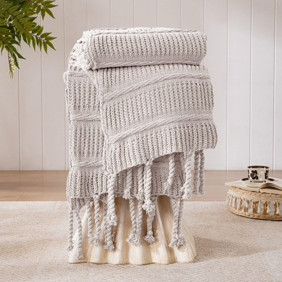 Boho Chenille Knit Throw Blanket with Tassels