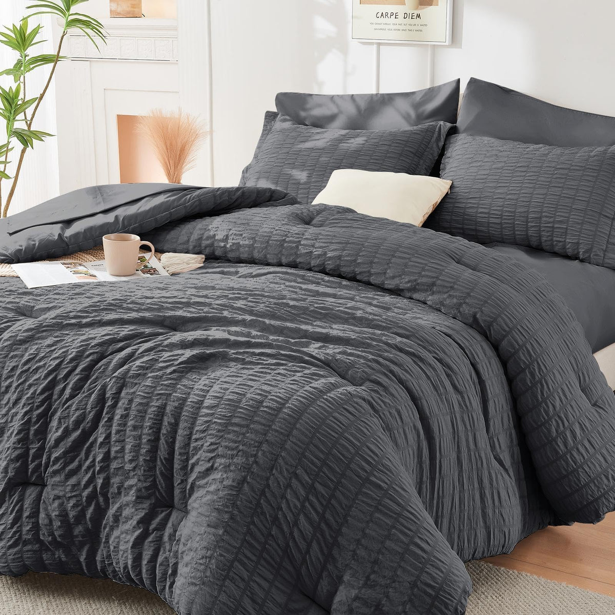 HYMOKEGE Comforter Set Seersucker 7 Pieces, All Season Luxury Bed in a Bag for Bedroom, Bedding Set with Comforters, Sheets, Pillowcases & Shams