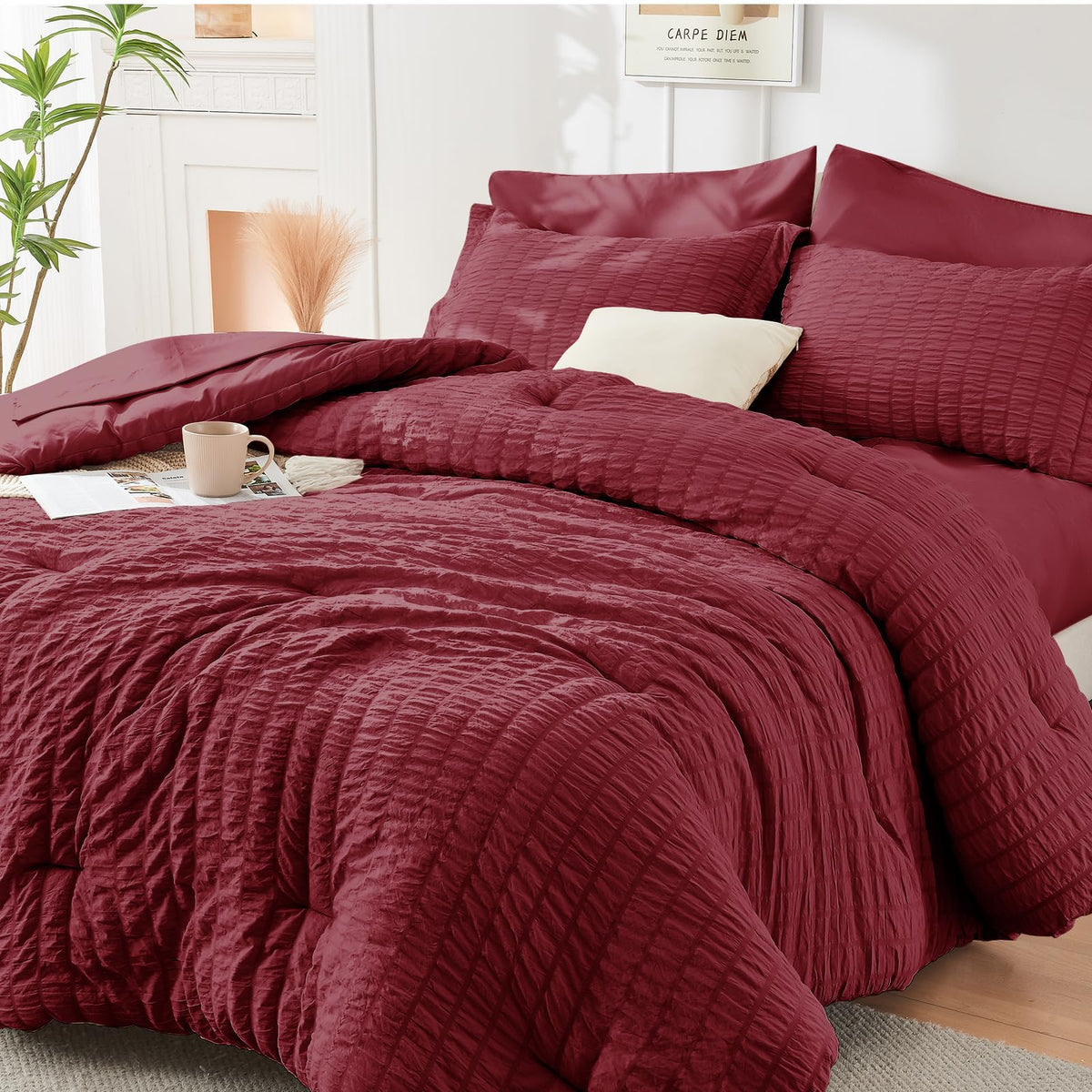 HYMOKEGE Comforter Set Seersucker 7 Pieces, All Season Luxury Bed in a Bag for Bedroom, Bedding Set with Comforters, Sheets, Pillowcases & Shams