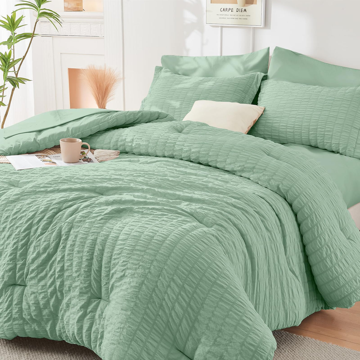 HYMOKEGE Comforter Set Seersucker 7 Pieces, All Season Luxury Bed in a Bag for Bedroom, Bedding Set with Comforters, Sheets, Pillowcases & Shams