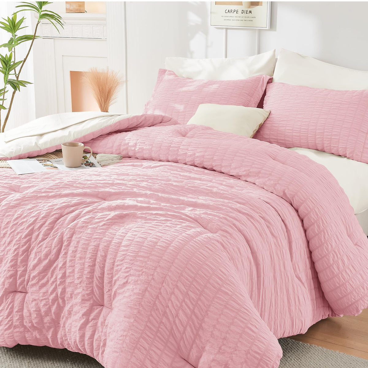 HYMOKEGE Comforter Set Seersucker 7 Pieces, All Season Luxury Bed in a Bag for Bedroom, Bedding Set with Comforters, Sheets, Pillowcases & Shams