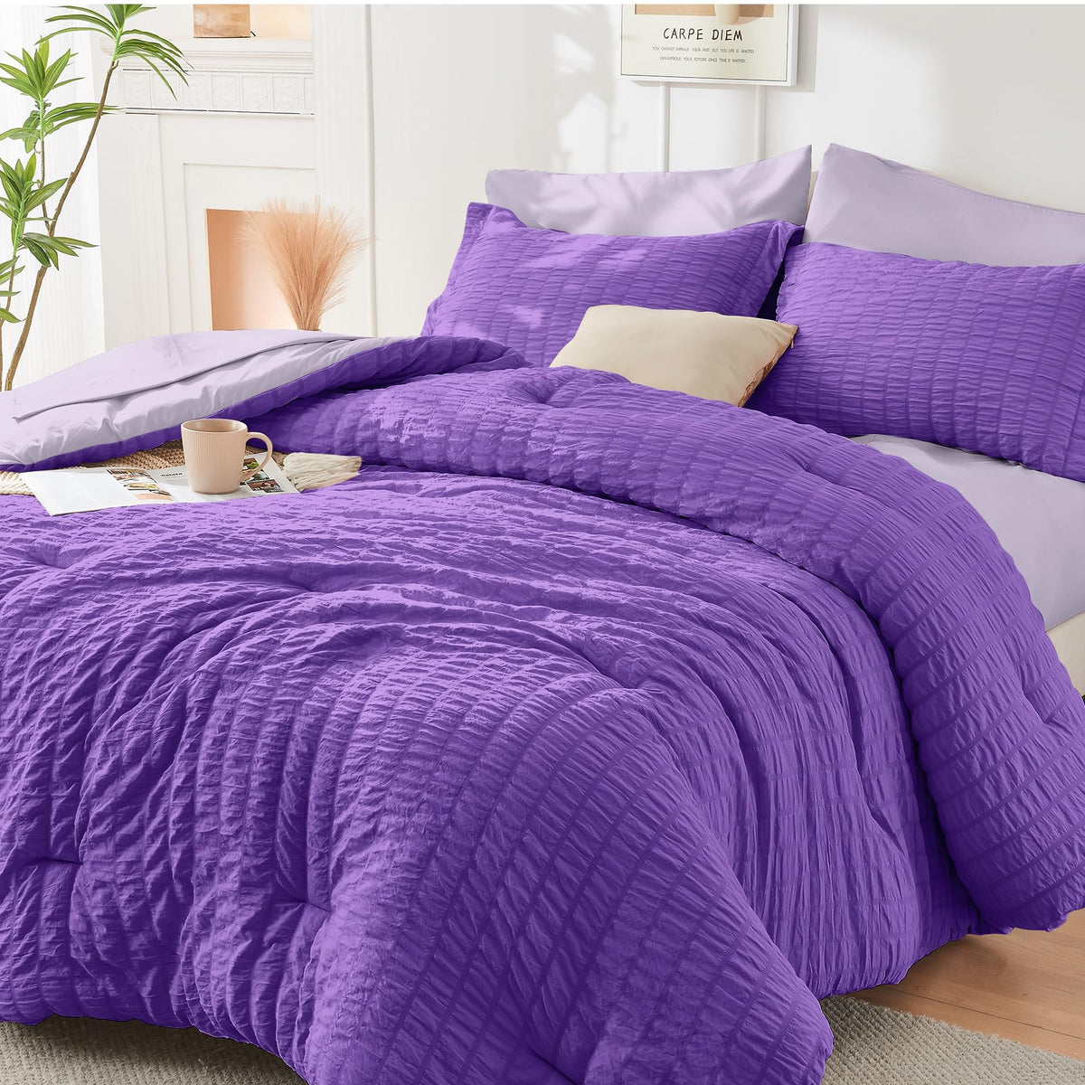 HYMOKEGE Comforter Set Seersucker 7 Pieces, All Season Luxury Bed in a Bag for Bedroom, Bedding Set with Comforters, Sheets, Pillowcases & Shams