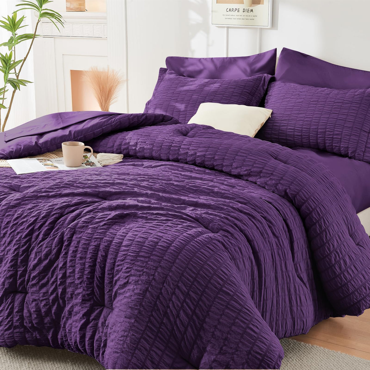 HYMOKEGE Comforter Set Seersucker 7 Pieces, All Season Luxury Bed in a Bag for Bedroom, Bedding Set with Comforters, Sheets, Pillowcases & Shams