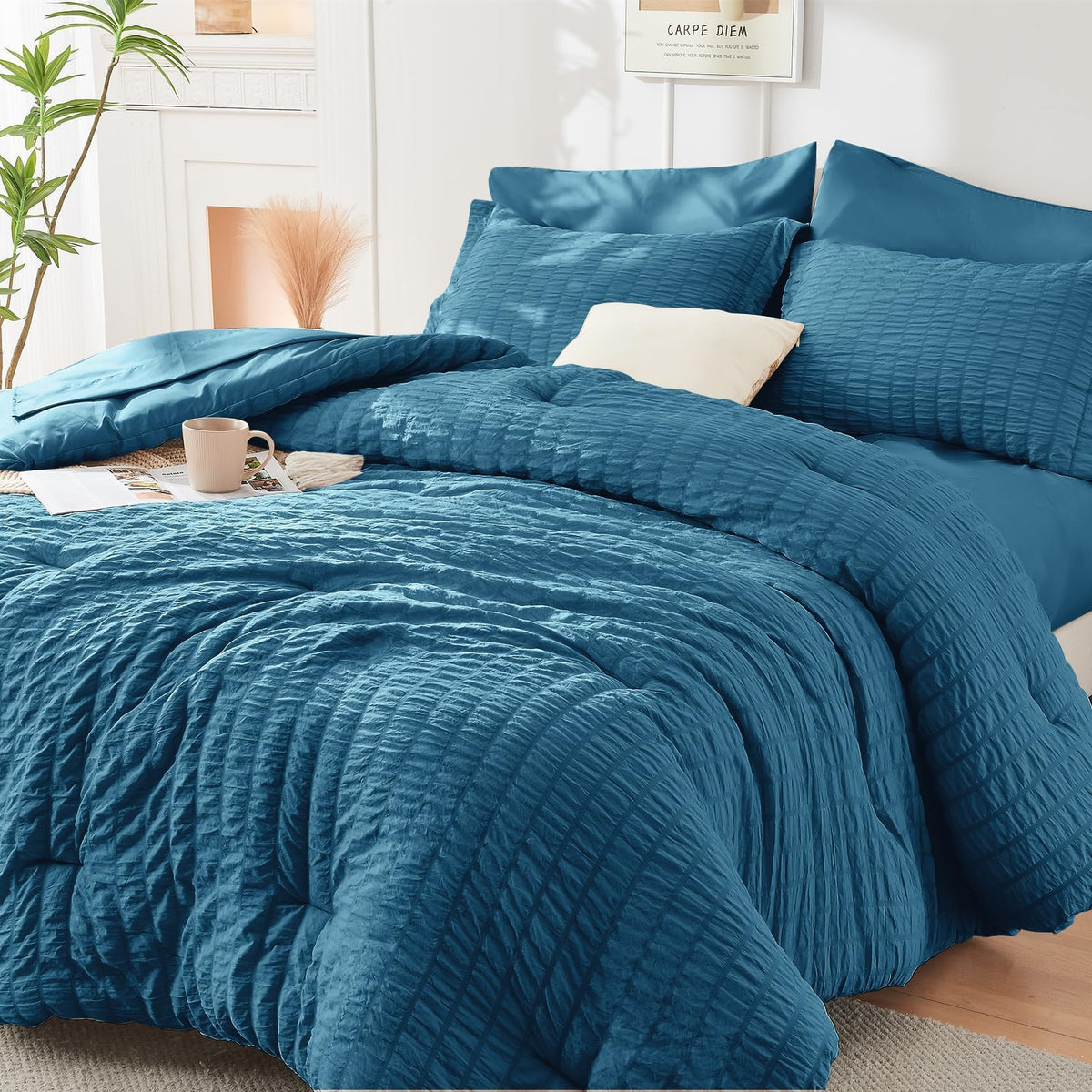 HYMOKEGE Comforter Set Seersucker 7 Pieces, All Season Luxury Bed in a Bag for Bedroom, Bedding Set with Comforters, Sheets, Pillowcases & Shams