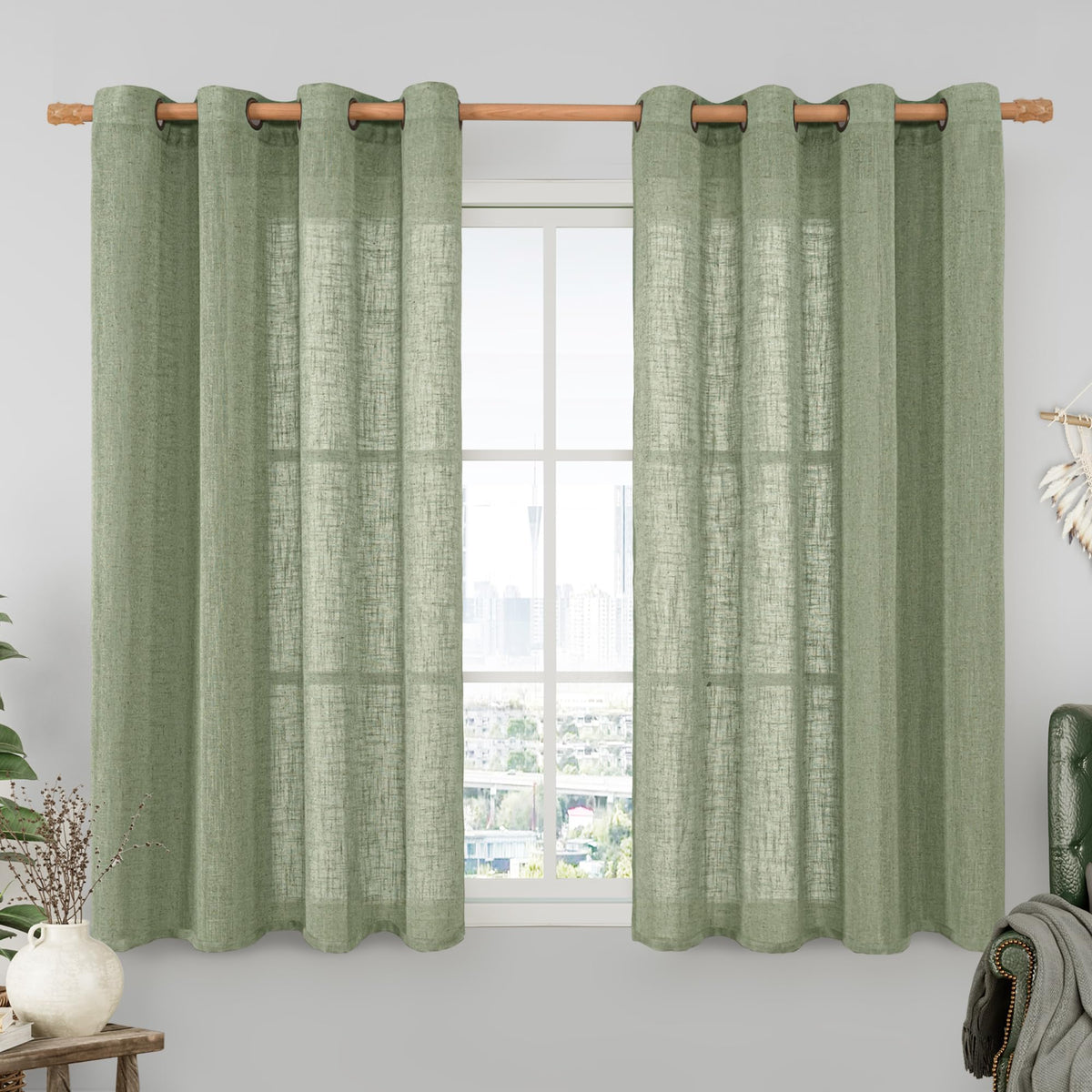 LAMIT Natural Faux Linen Curtains for Bedroom, Bronze Grommet Light Filtering Burlap Drapes, Set of 2 Panels