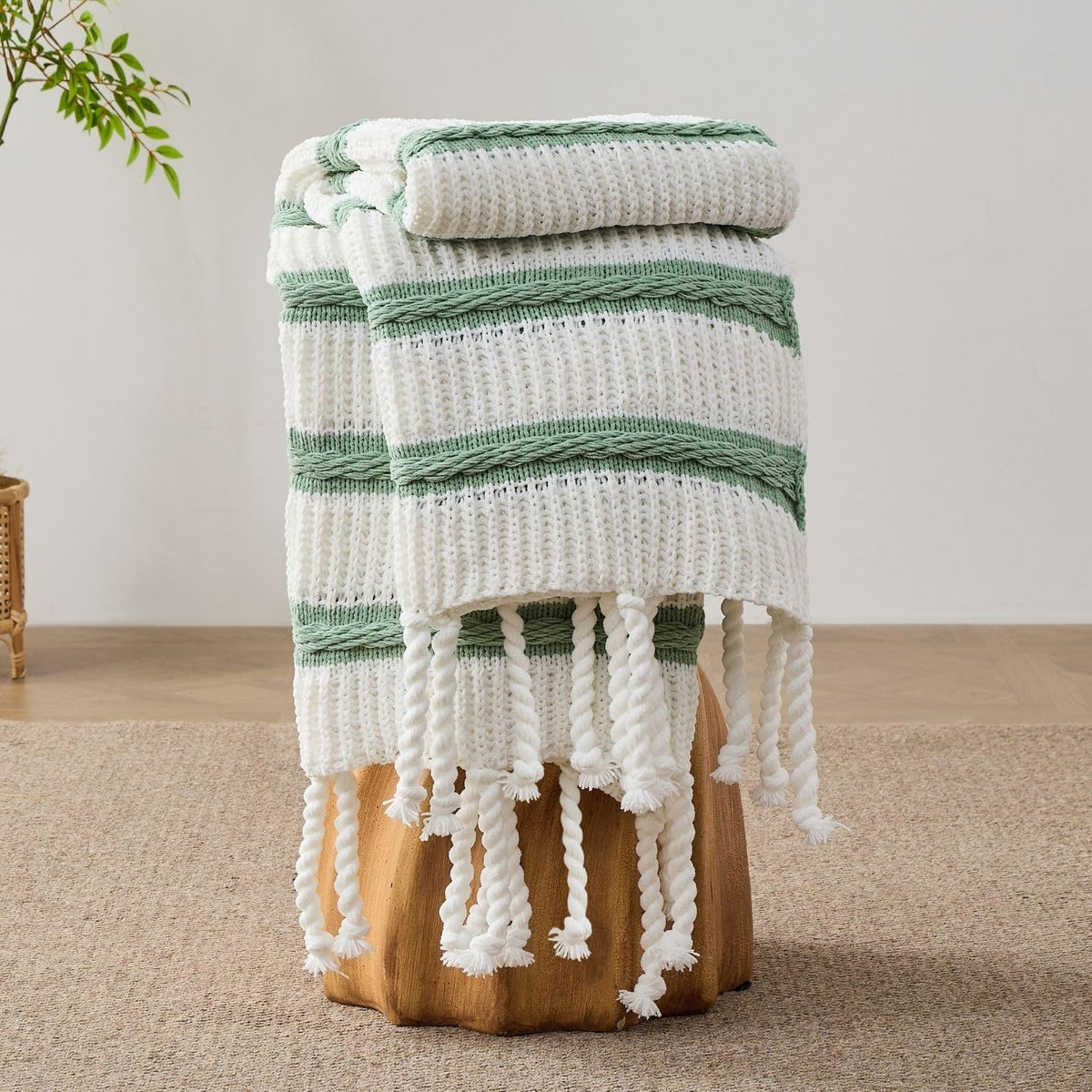 Boho Chenille Knit Throw Blanket with Tassels