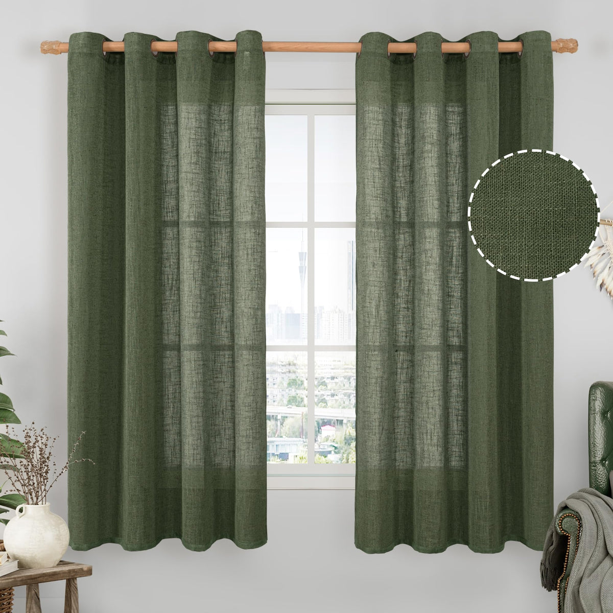 LAMIT Natural Faux Linen Curtains for Bedroom, Bronze Grommet Light Filtering Burlap Drapes, Set of 2 Panels