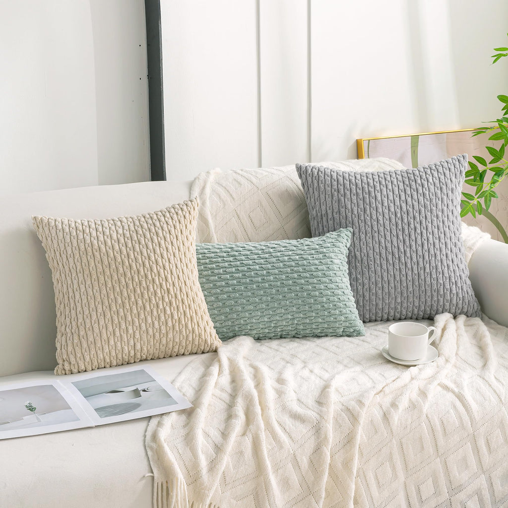 Cozoomy Set of 4 Decorative Throw Pillow Covers 18x18 Inch Corduroy Neutral Pillow Covers for Bed Couch Sofa Living Room Soft Square Cushion Cases