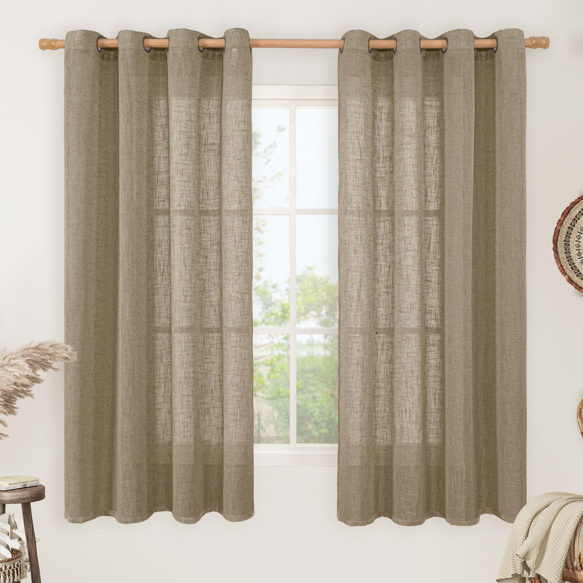 LAMIT Natural Faux Linen Curtains for Bedroom, Bronze Grommet Light Filtering Burlap Drapes, Set of 2 Panels