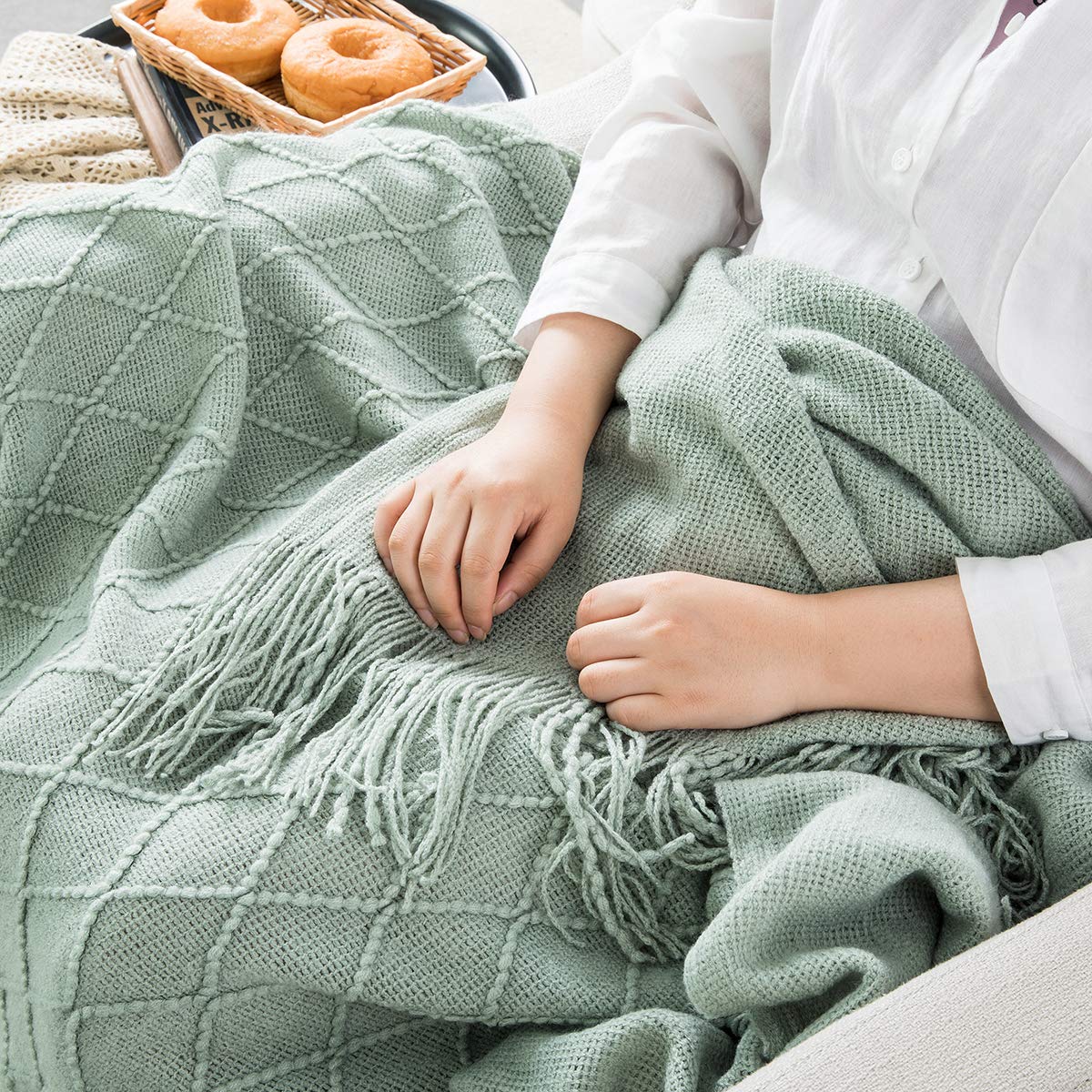Homiest Decorative Knitted Throw Blanket with Fringe Soft & Cozy Tassel Blanket for Couch Sofa Bed