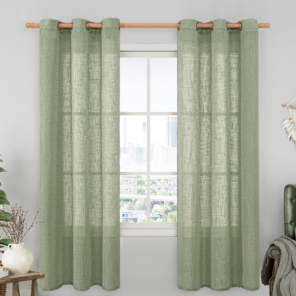 LAMIT Natural Faux Linen Curtains for Bedroom, Bronze Grommet Light Filtering Burlap Drapes, Set of 2 Panels