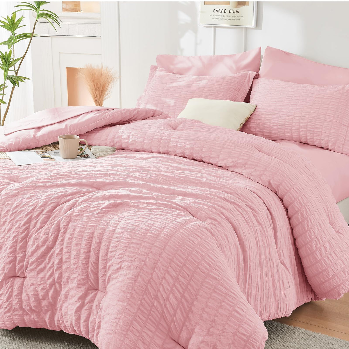 HYMOKEGE Comforter Set Seersucker 7 Pieces, All Season Luxury Bed in a Bag for Bedroom, Bedding Set with Comforters, Sheets, Pillowcases & Shams