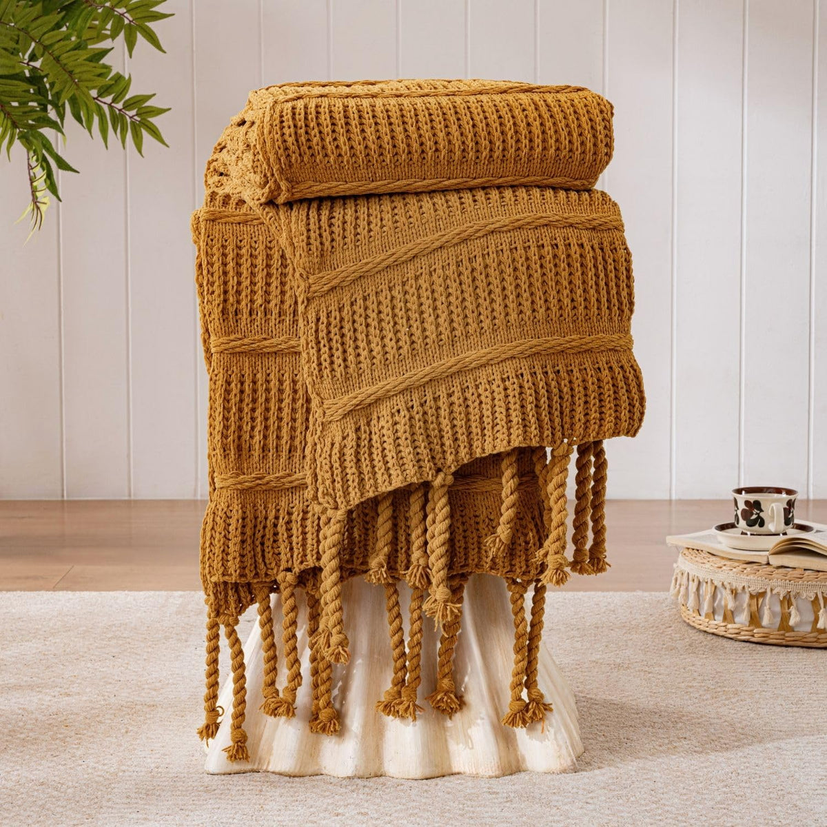 Boho Chenille Knit Throw Blanket with Tassels