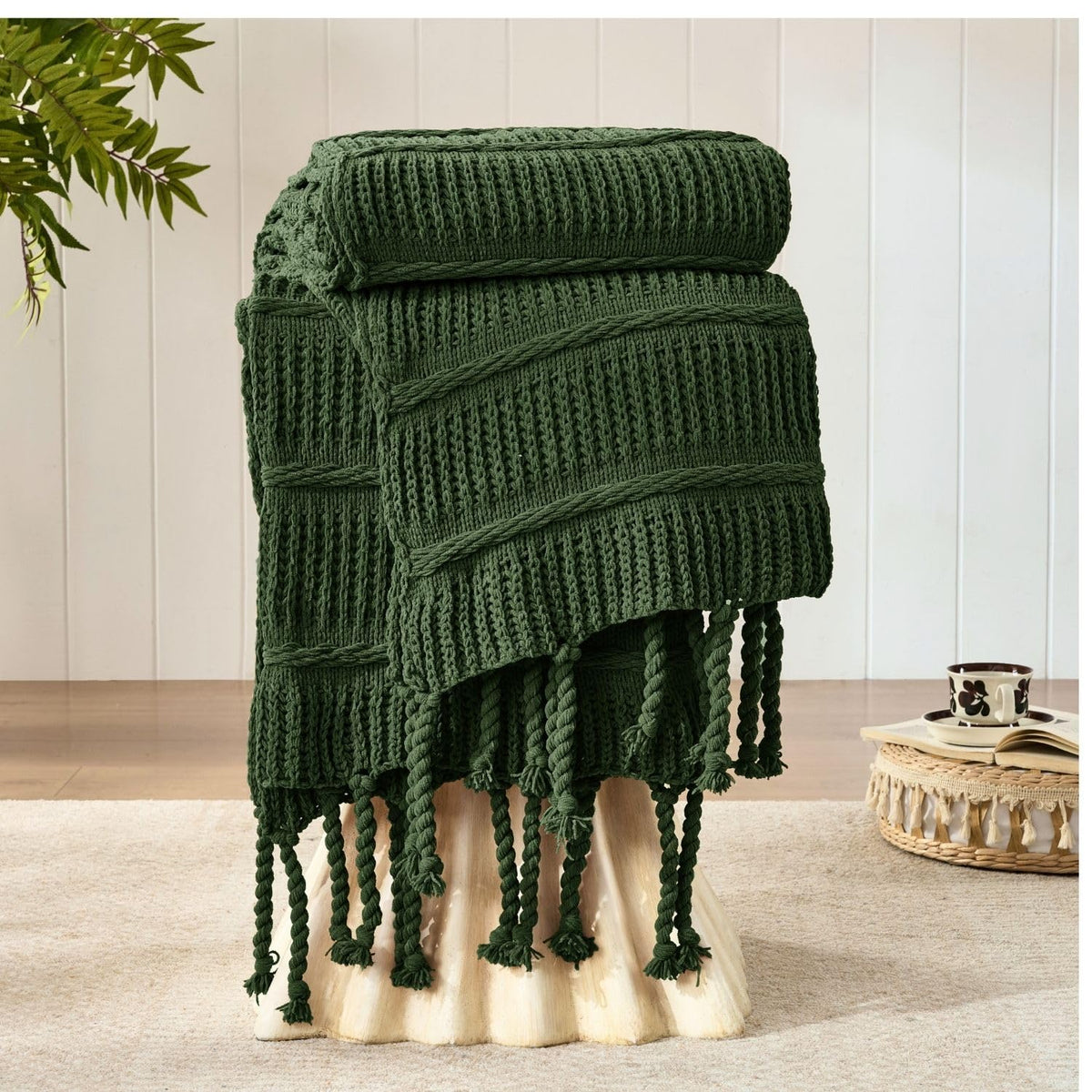 Boho Chenille Knit Throw Blanket with Tassels