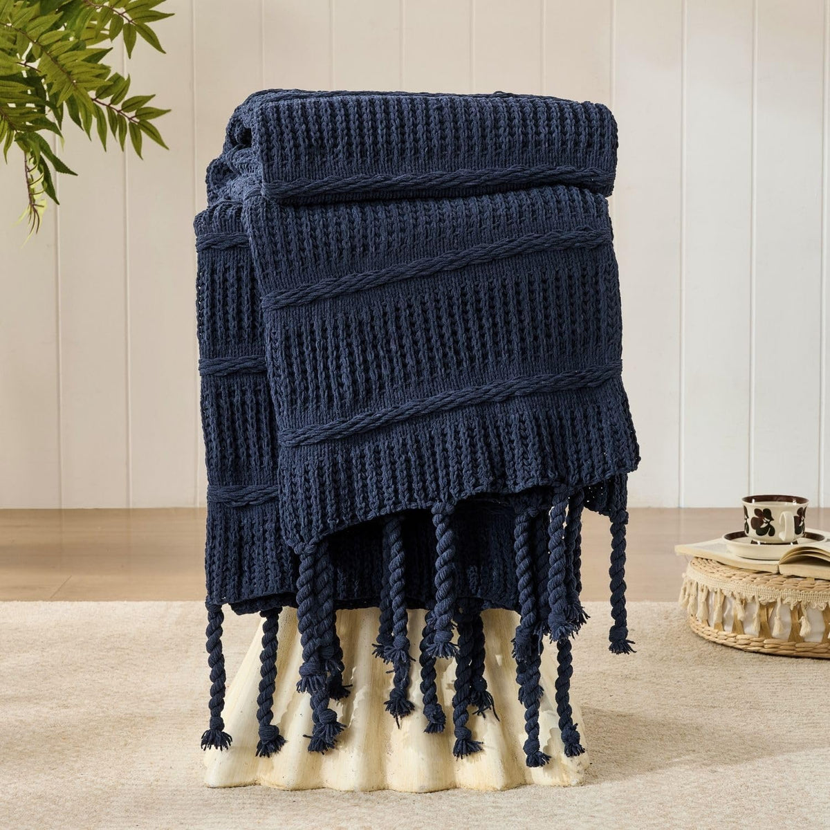Boho Chenille Knit Throw Blanket with Tassels