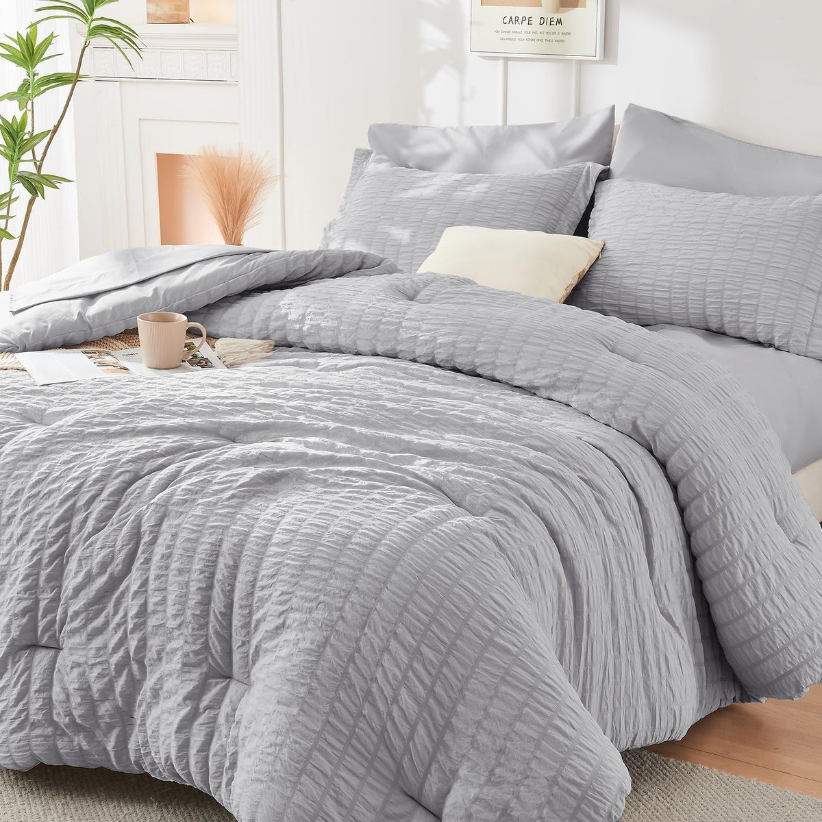 HYMOKEGE Comforter Set Seersucker 7 Pieces, All Season Luxury Bed in a Bag for Bedroom, Bedding Set with Comforters, Sheets, Pillowcases & Shams