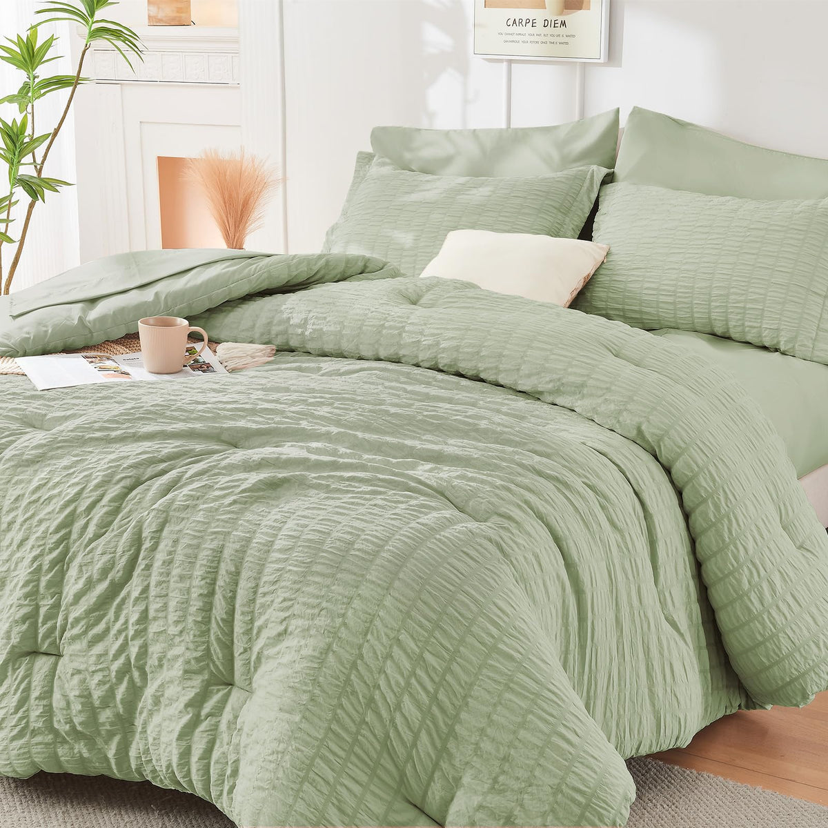 HYMOKEGE Comforter Set Seersucker 7 Pieces, All Season Luxury Bed in a Bag for Bedroom, Bedding Set with Comforters, Sheets, Pillowcases & Shams